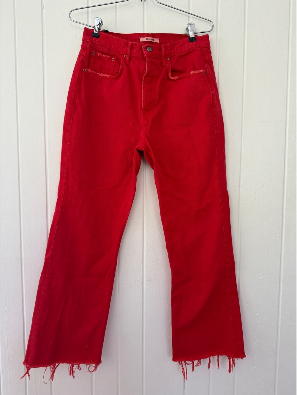 GRLFRND Red High-Waisted Straight Leg Jeans with Frayed Hem, Size Approx. 25